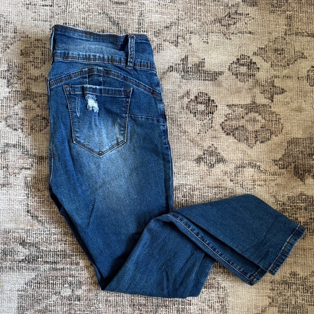 Dark Blue Women's Distressed Straight-Leg Jeans